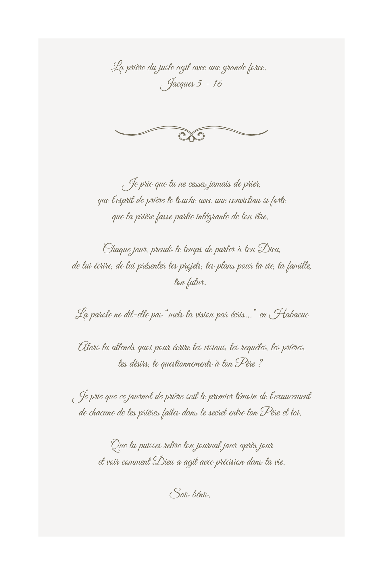 Page d'introduction du Journal de Prière — Jacques 5:16